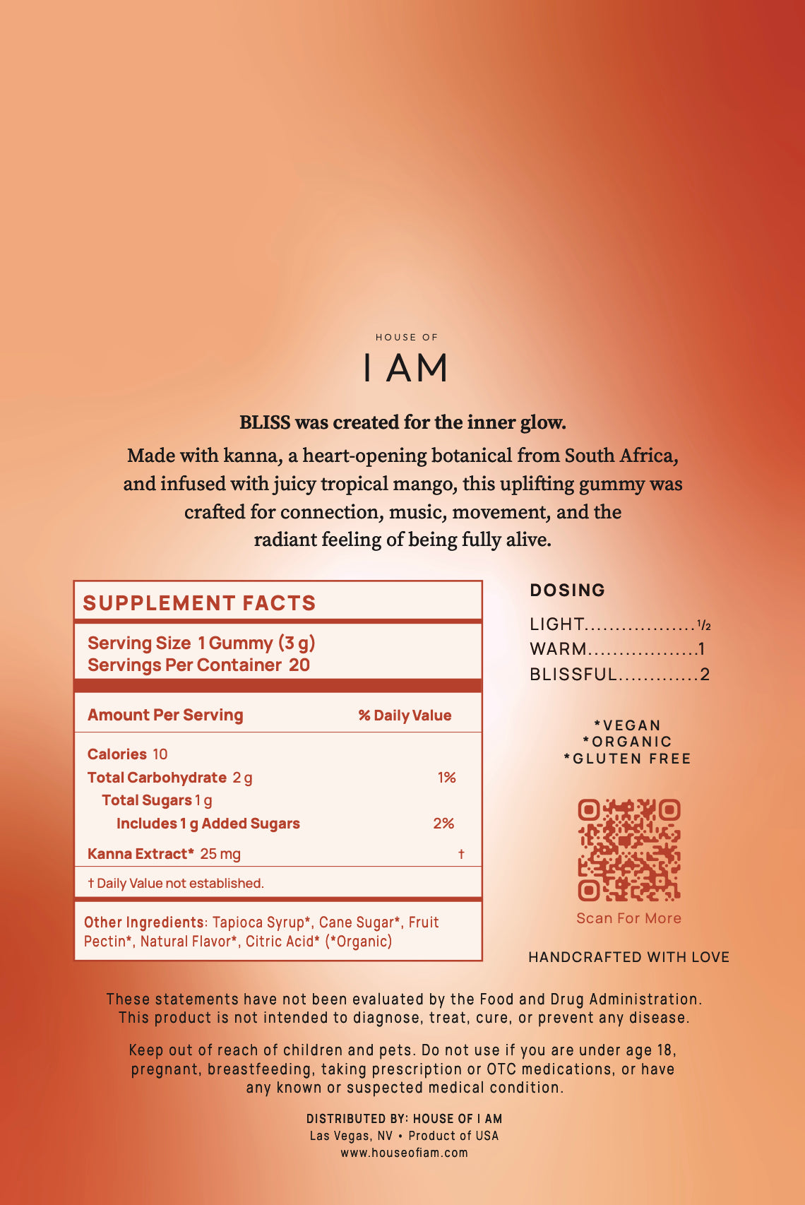 Back of Bliss kanna gummies package showing supplement facts and ingredients